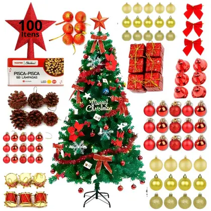 Árvore De Natal Grande Nevada Completa + 100 Enfeites + Pisca - CASAMBIENTE